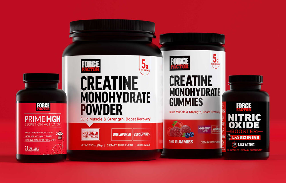 Force Factor sports nutrition lineup including Creatine Monohydrate Powder, Creatine Gummies, Nitric Oxide Booster, and Prime HGH for performance.