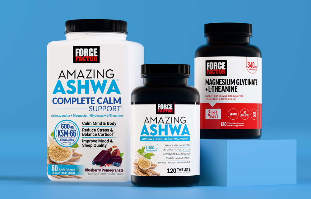 Force Factor stress and mood support supplements including Amazing Ashwa and Magnesium Glycinate + L-Theanine for relaxation and balance.