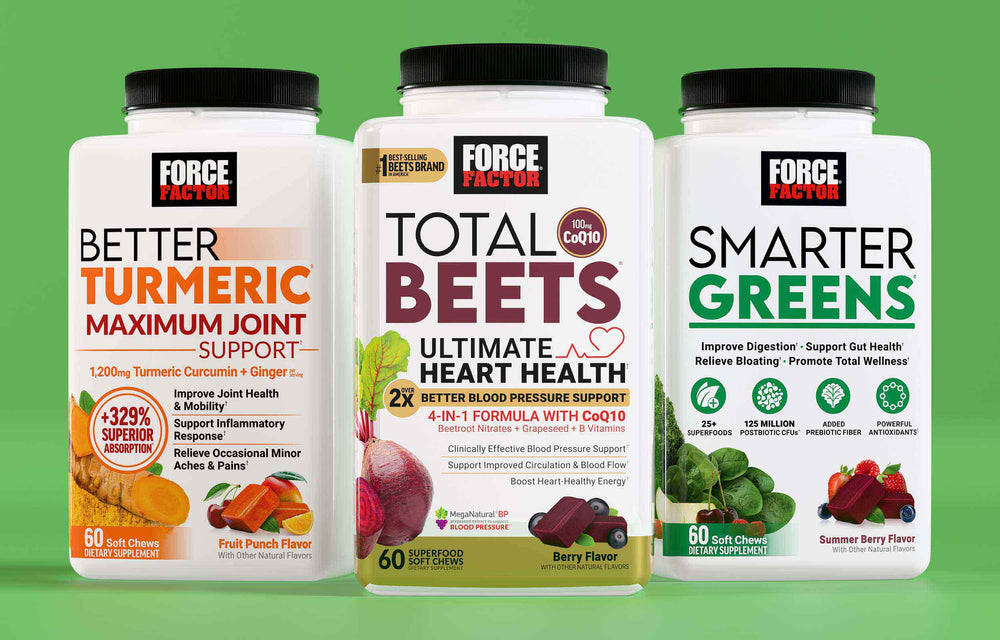 Force Factor superfood supplements including Better Turmeric, Total Beets, and Smarter Greens for joint, heart, and digestive health support.