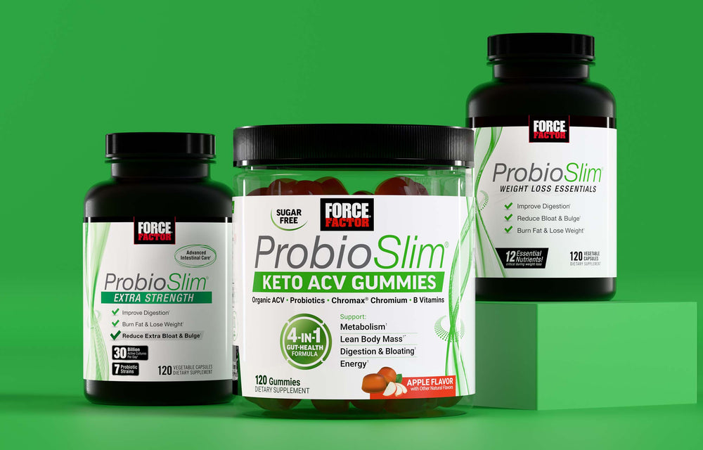 Force Factor ProbioSlim supplements including Extra Strength, Keto ACV Gummies, and Weight Loss Essentials for digestion and fat loss.
