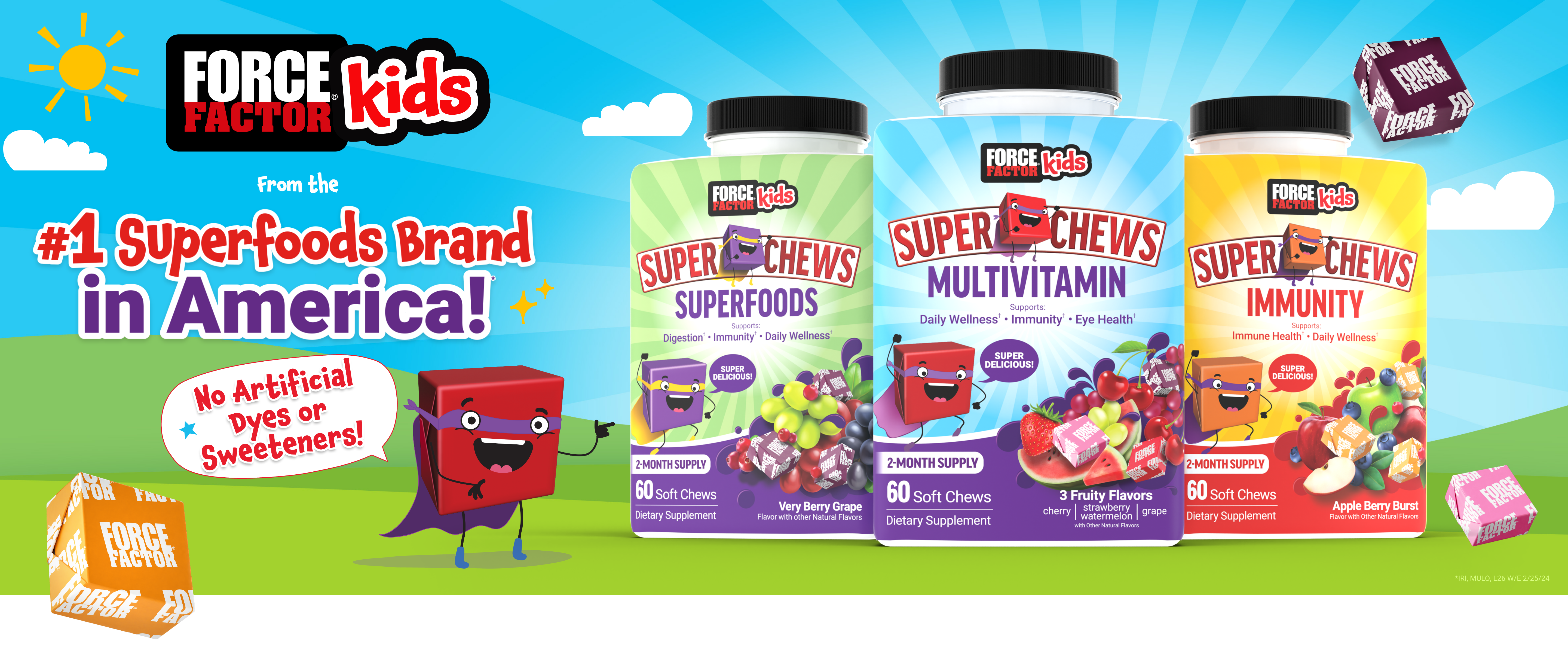 Force Factor Kids logo and #1 Superfoods Brand in America. Force Factor Kids Superfoods, Multivitamin, and Immunity Super Chews.