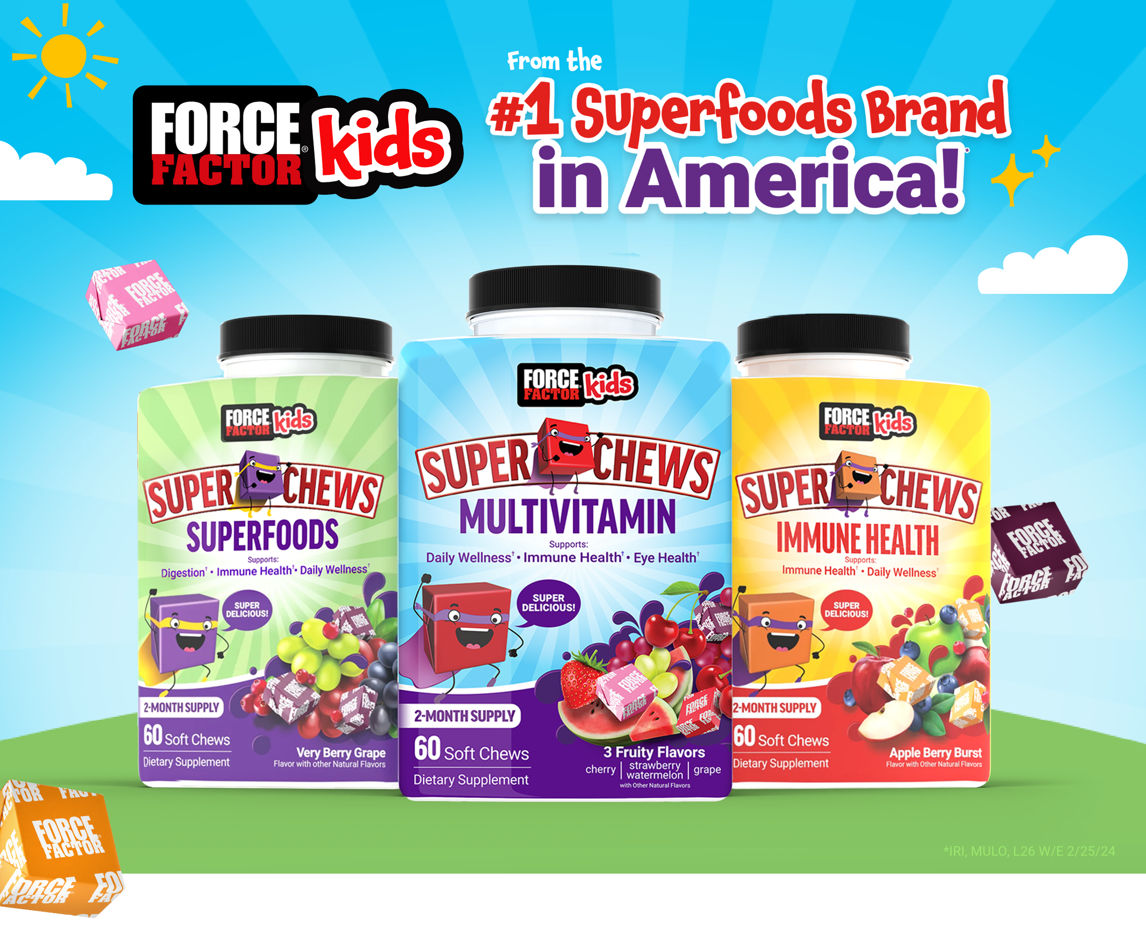 Force Factor Kids logo and #1 Superfoods Brand in America. Force Factor Kids Superfoods, Multivitamin, and Immunity Super Chews.