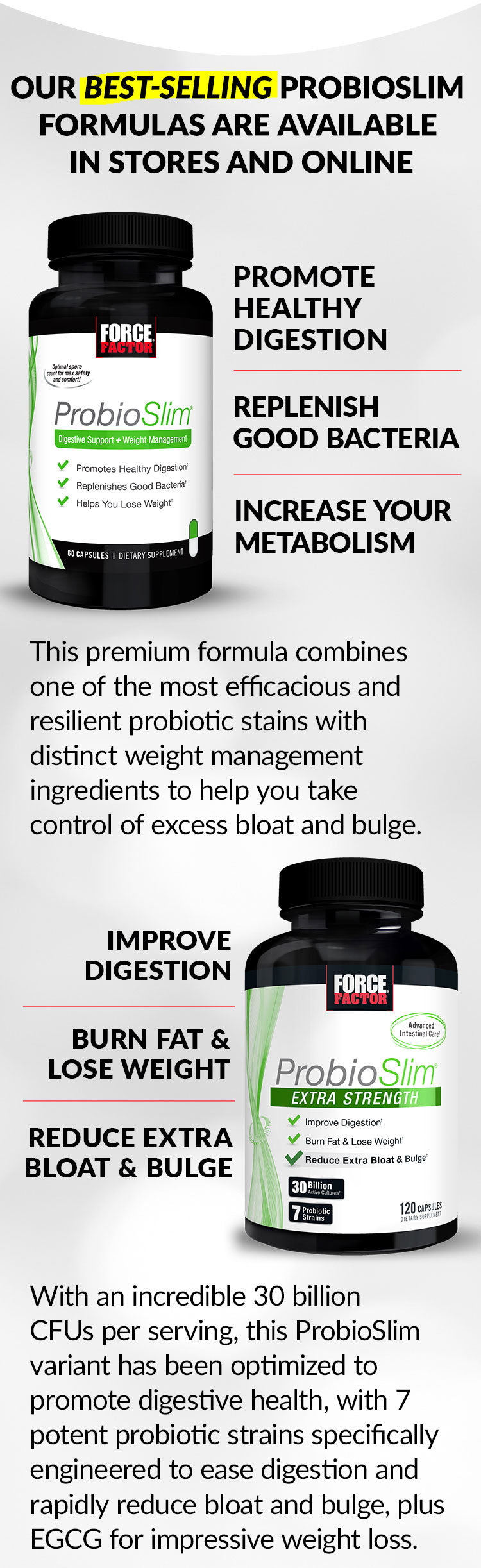 OUR BEST-SELLING PROBIOSLIM FORMULAS ARE AVAILABLE IN STORES AND ONLINE. Promote Healthy Digestion, Replenish Good Bacteria, Increase Your Metabolism. This premium formula combines one of the most efficacious and resilient probiotic stains with distinct weight management ingredients to help you take control of excess bloat and bulge. Improve Digestion, Burn Fat & Lose Weight, Reduce Extra Bloat and Bulge. With an incredible 30 billion CFUs per serving, this ProbioSlim variant has been optimized to promote digestive health, with 7 potent probiotic strains specifically engineered to ease digestion and rapidly reduce bloat and bulge, plus EGCG for impressive weight loss.