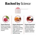  BACKED BY SCIENCE Beetroot Extract Famous for boosting heart-healthy energy and long-lasting stamina  Organic Mushrooms Antioxidant-rich mushrooms including chaga, cordyceps, and reishi used for generations for their uplifting energy   Nourishing Superfruits A blend of naturally powerful superfruits like pomegranate, cranberry, blueberry, raspberry, and more