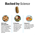Backed by Science. KSM-66® Ashwagandha: Premium ashwagandha extract scientifically shown to relive stress, boost metabolism, improve sleep quality, and more. B Vitamins: Help fuel your body and mind to push through busy days, long nights, and everything in between. Vitamin D: A daily wellness staple to help boost immunity and strengthen your daily defenses.