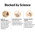 BACKED BY SCIENCE  Super-10 Mushroom Blend Cordyceps, Reishi, Chaga, Lion’s Mane, Shiitake, Turkey Tail, Maitake, Agaricus Blazei, King Trumpet, Antrodia Camphorata  Fruiting Body Extracts Made with fruiting mushroom body extracts containing the highest levels of good-for-you nutrients   Premium Vegetable Capsules Every serving of this powerful formula is delivered in better-for-you vegetable capsules, not animal-based gelatin