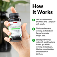 HOW IT WORKS  Take 1 capsule with breakfast and 1 capsule with lunch.  The formula starts working to help burn fat and promote weight loss. LactoSpore® helps replenish good bacteria in your gut while working to ease gas, bloating, constipation, and occasional diarrhea. 