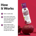 HOW IT WORKS 1) Drink 1 bottle daily. 2) Every great-tasting shot fuels your body and mind with essential vitamins, minerals, superfoods, and antioxidants. 3) Enjoy healthy all-day stamina, plus a boost of nitric oxide and energy, to help you power through life with ease!