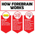 How Forebrain works: Step One, Take one easy-to-swallow capsule of forebrain daily with breakfast. Step Two, The premium cognitive ingredients enter your blood stream to support enhanced neurotransmitter activity and clear mental energy. The Result, You start to achieve the improved memory, heightened awareness, and enhanced cognitive performance associated with the best nootropics.