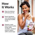How it works: Enjoy two delicious soft chews per day. Potent ingredients start working quickly producing incredible results. Supports a quick boost of heart-healthy energy, better circulation, and blood pressure support within normal range.